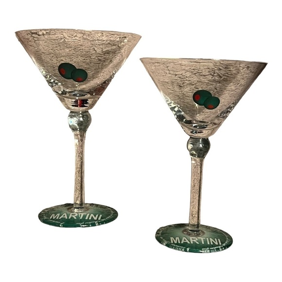 Martini glasses with recipe on base pair of olives on bowl Barware entertaining - Picture 5 of 8